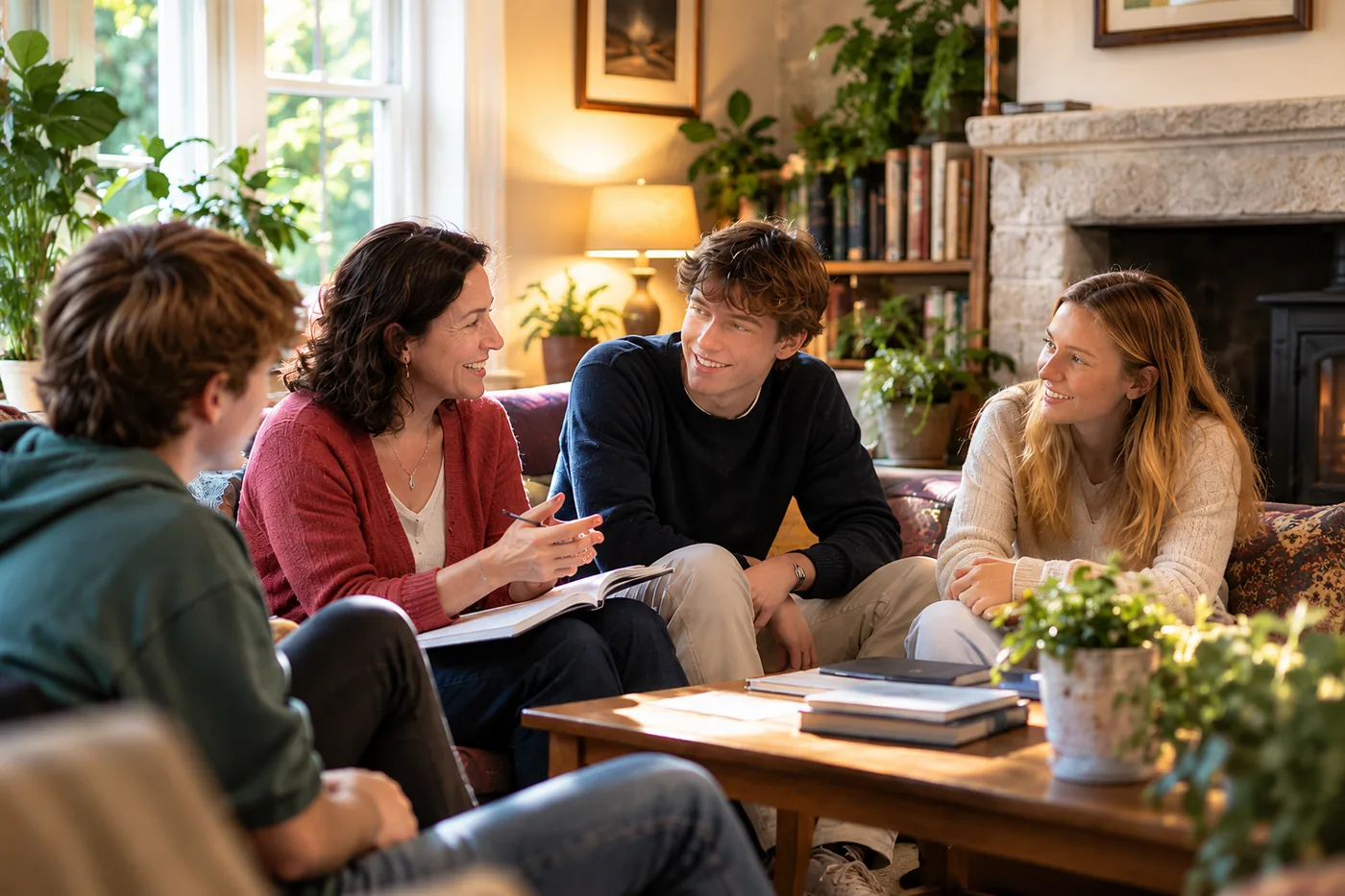 Teacher and students sharing a relaxed English conversation in a warm home setting