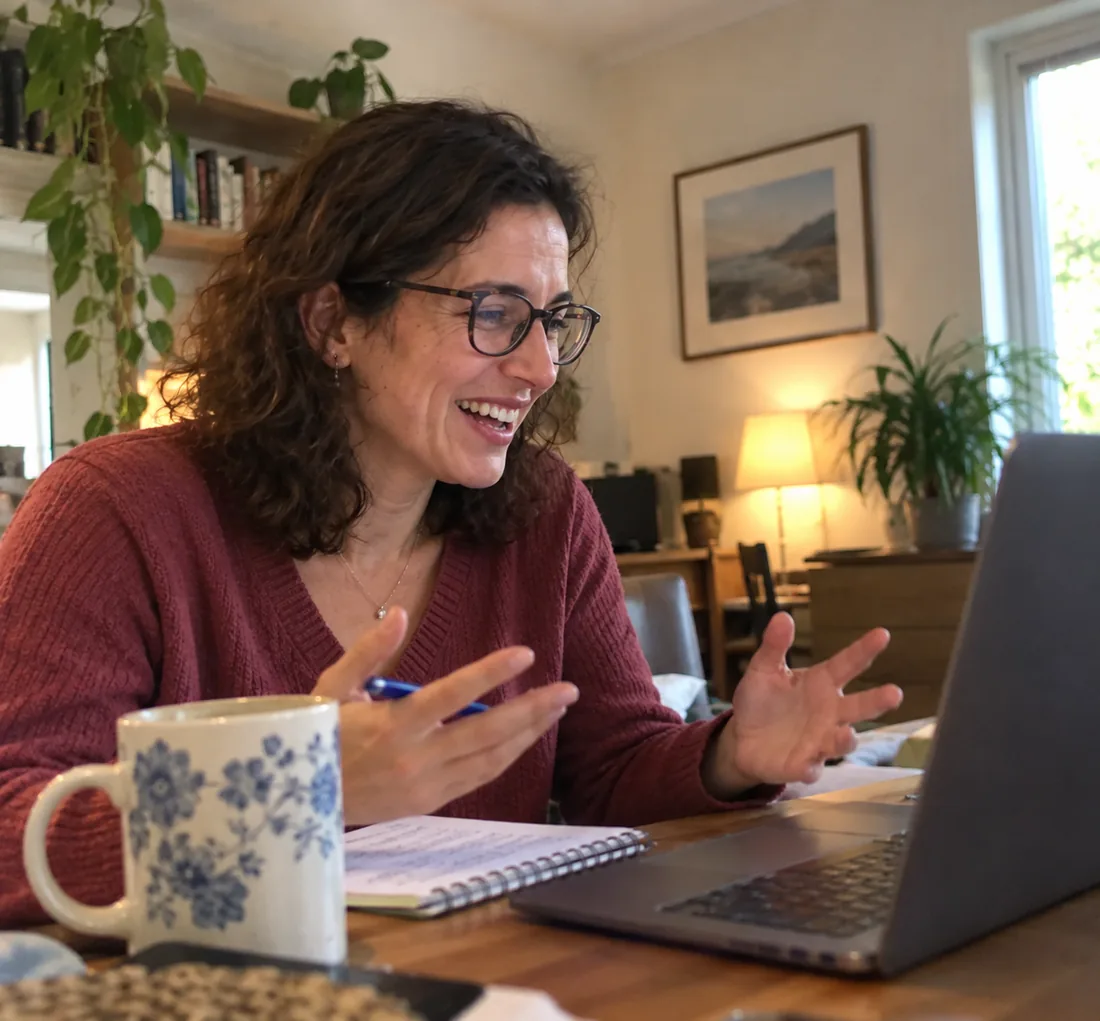Teacher having a relaxed online English lesson from home