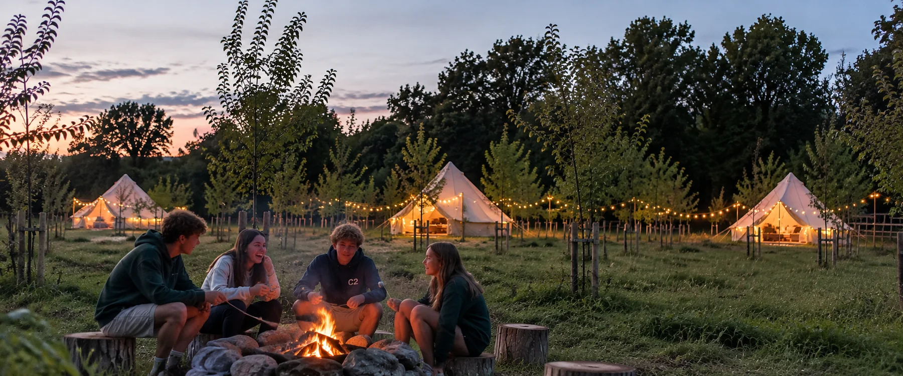 Students relaxing around a fire beside C2 glamping tents in the evening