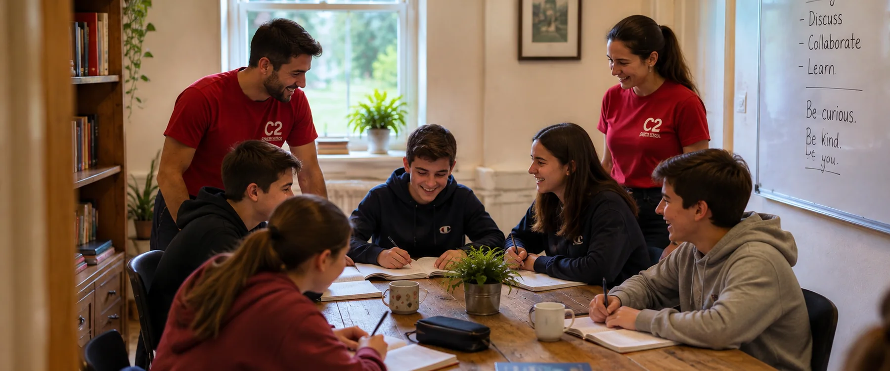 C2 teachers and students learning together around a table