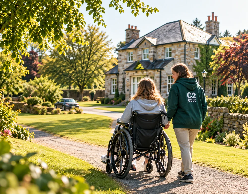 Student using a wheelchair accompanied on an accessible stay in Ireland