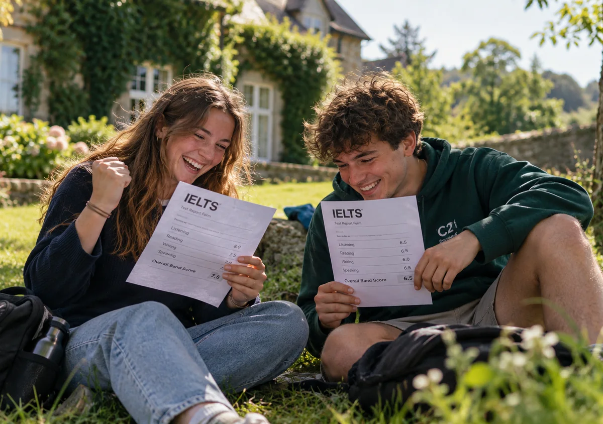 Two English students celebrating their IELTS results outdoors in Ireland