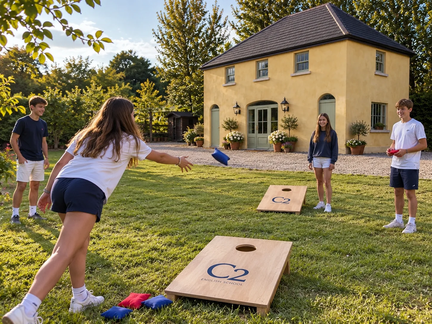 Teenagers playing beanbag toss outside the Coach House