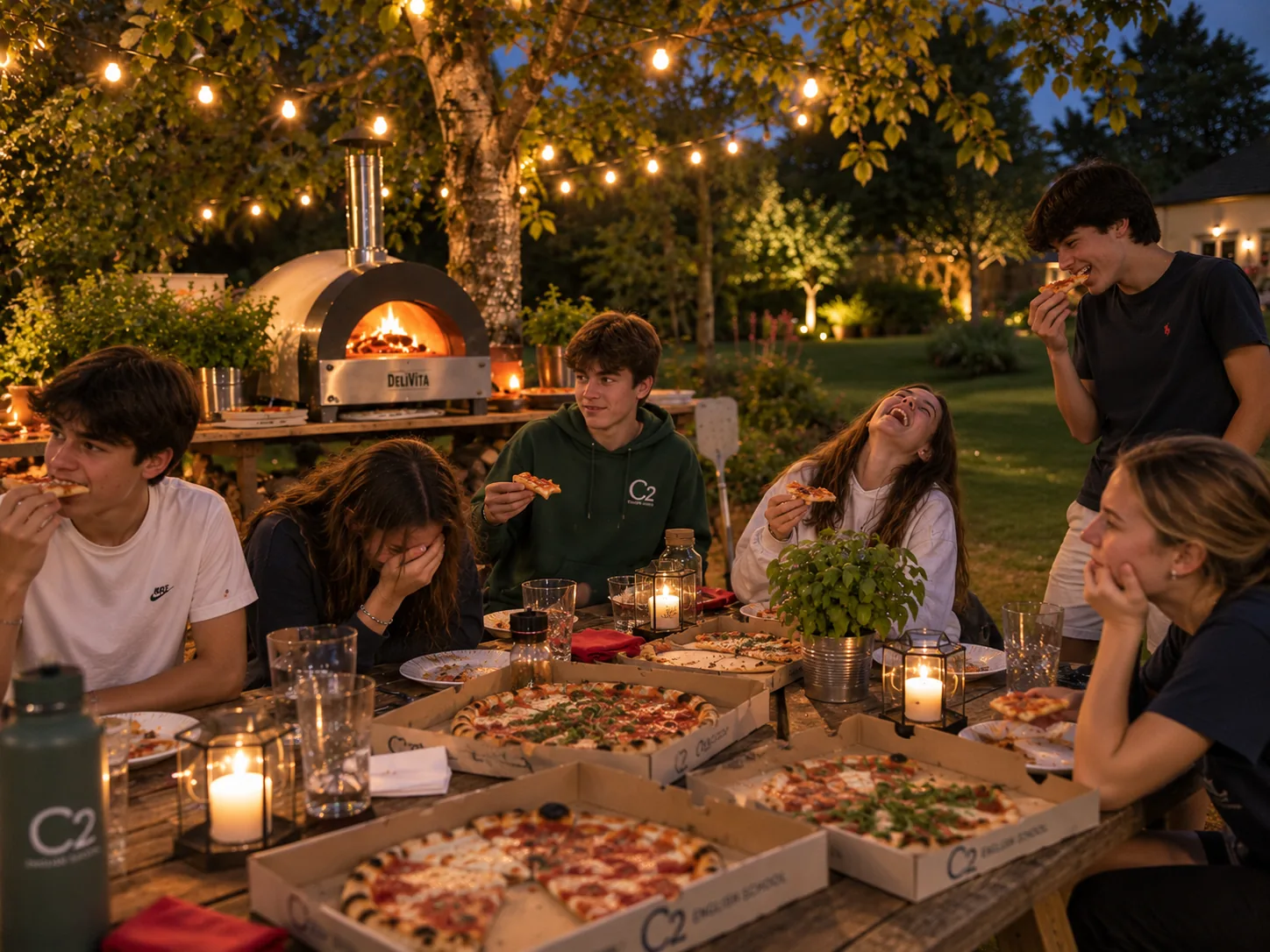 Teenagers enjoying a pizza evening outdoors