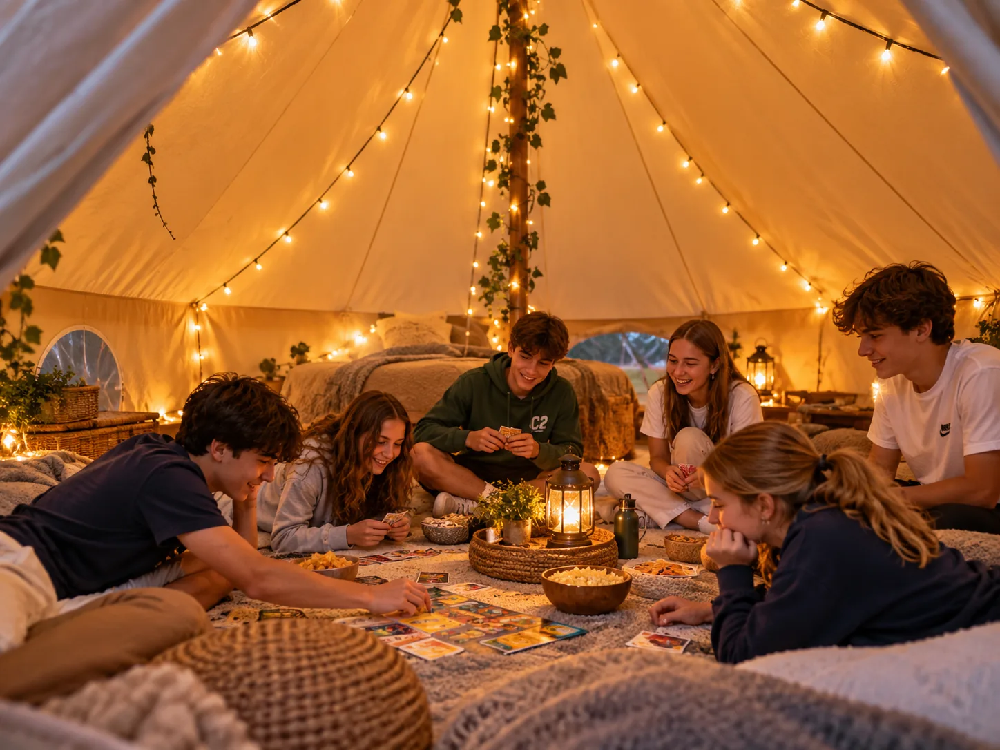 Teenagers playing games inside a glamping bell tent