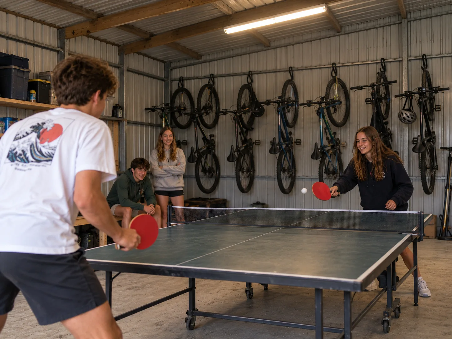 Teenagers playing table tennis indoors