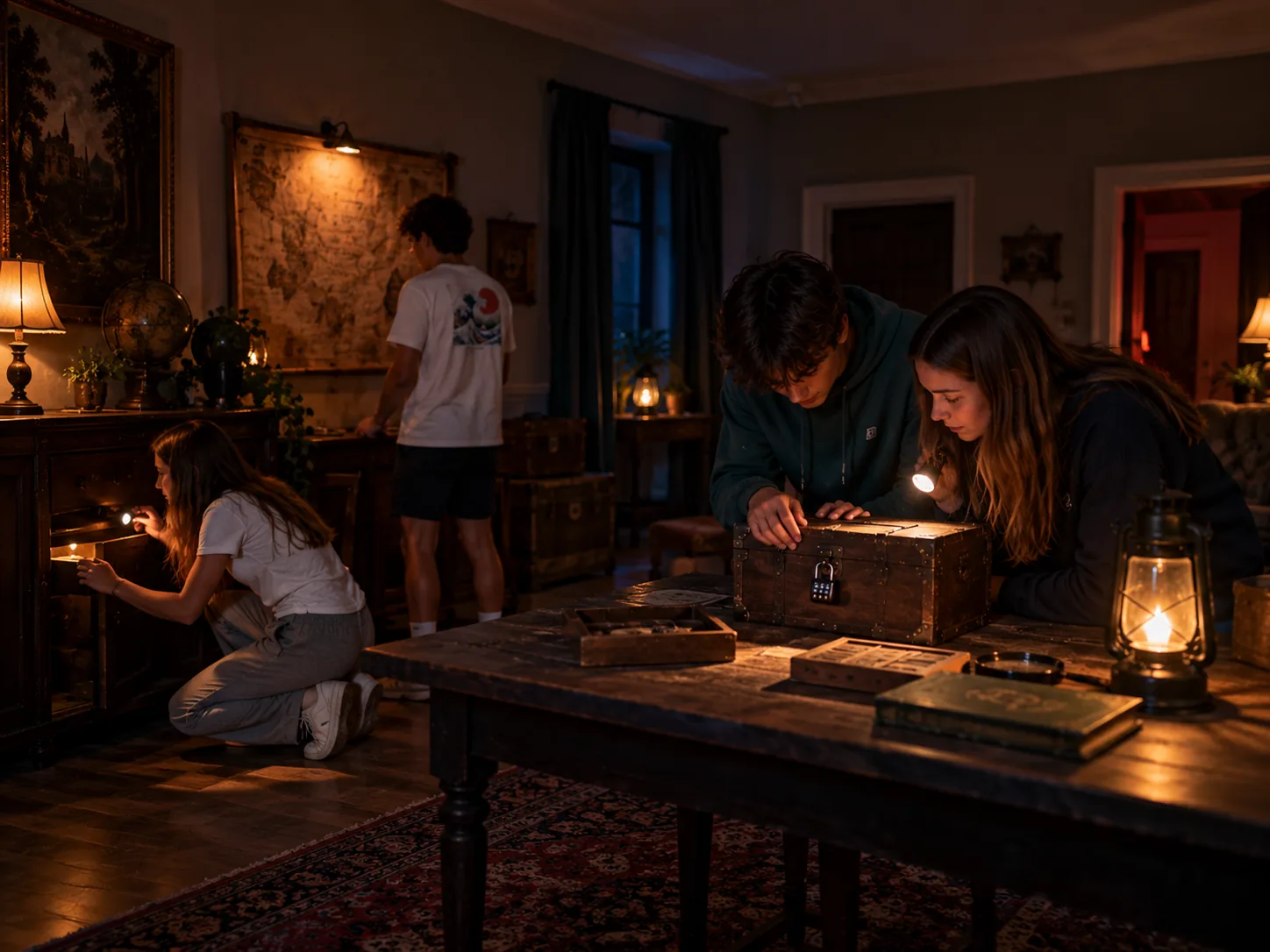 Teenagers solving clues in an escape room