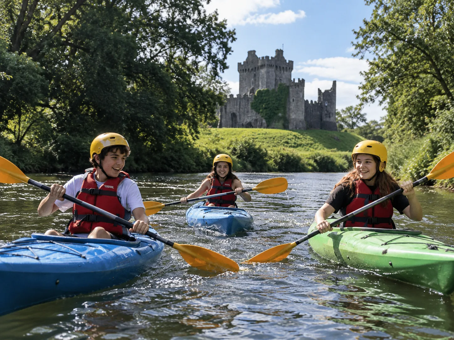 Teenagers kayaking on a river in Ireland