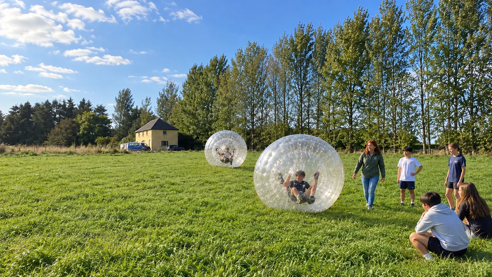 Teenagers zorbing on the C2 English School campus in Ireland while Maria supervises