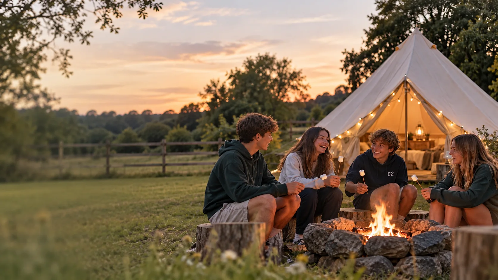 Teenagers enjoying an evening around a campfire beside a bell tent