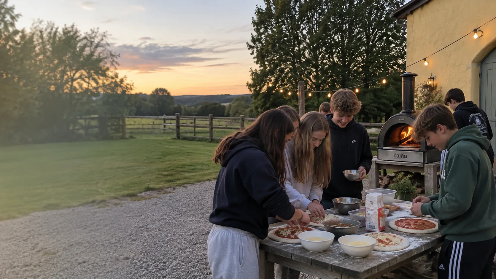 Teenagers making pizzas together beside an outdoor pizza oven