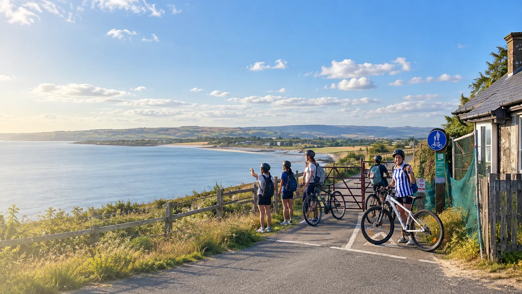 Cyclists enjoying a scenic coastal cycling stop in Ireland