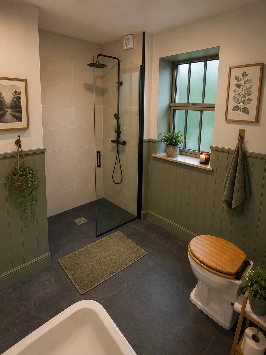 Coach House bathroom with shower and sage green panelling