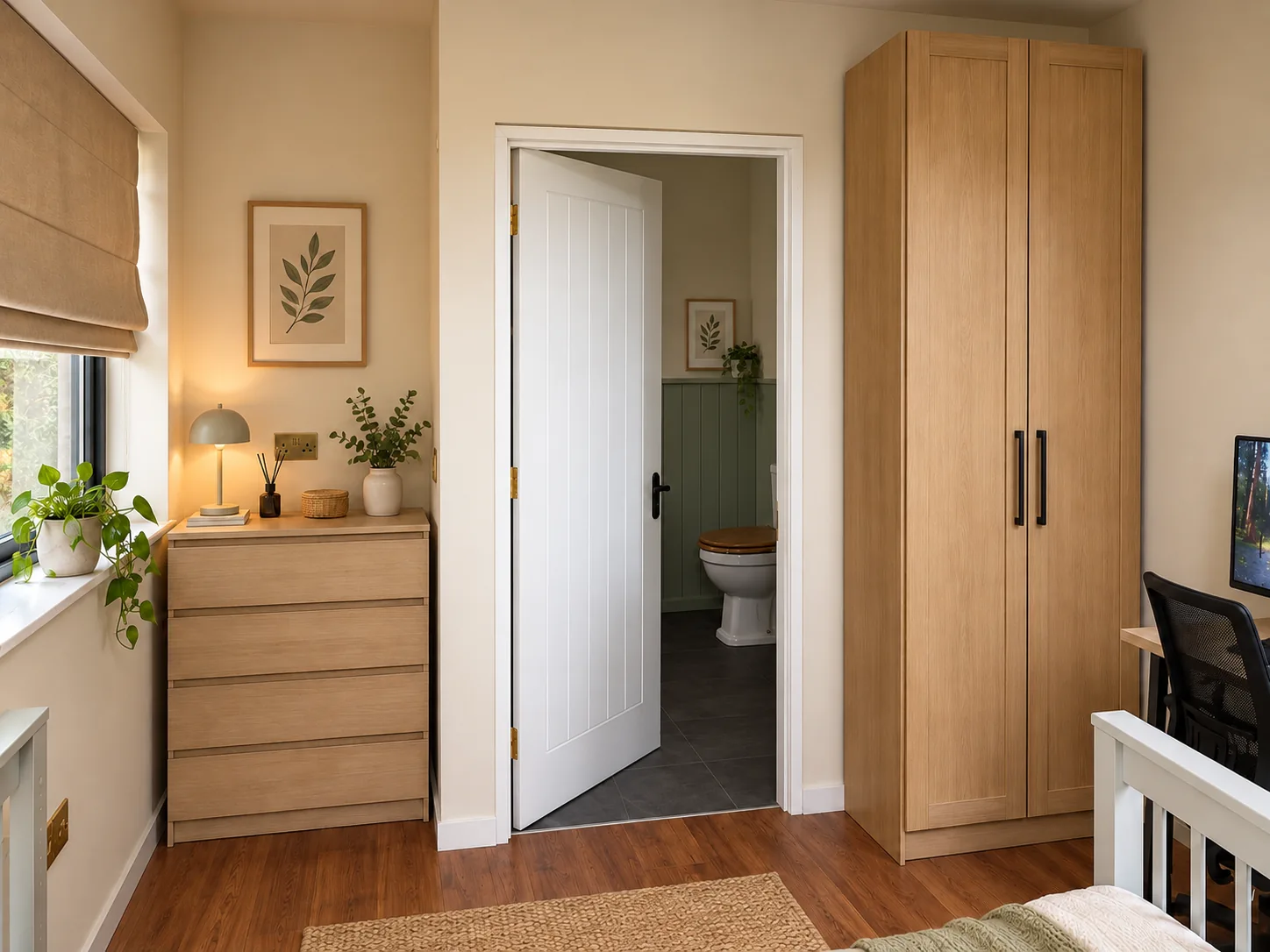 A comfortable bedroom in the C2 Coach House, with a view into the en-suite bathroom