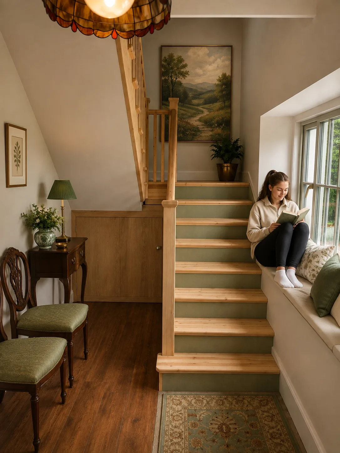 Warm downstairs staircase and reading corner in the Coach House