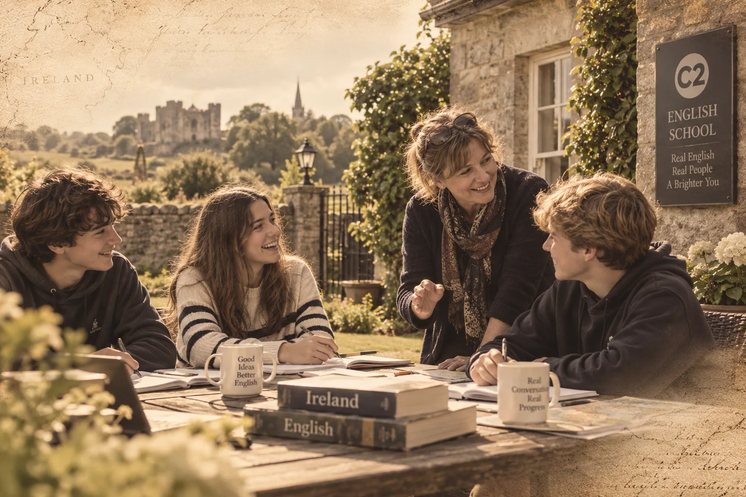 Teacher and teenagers sharing an outdoor English-learning moment in Ireland