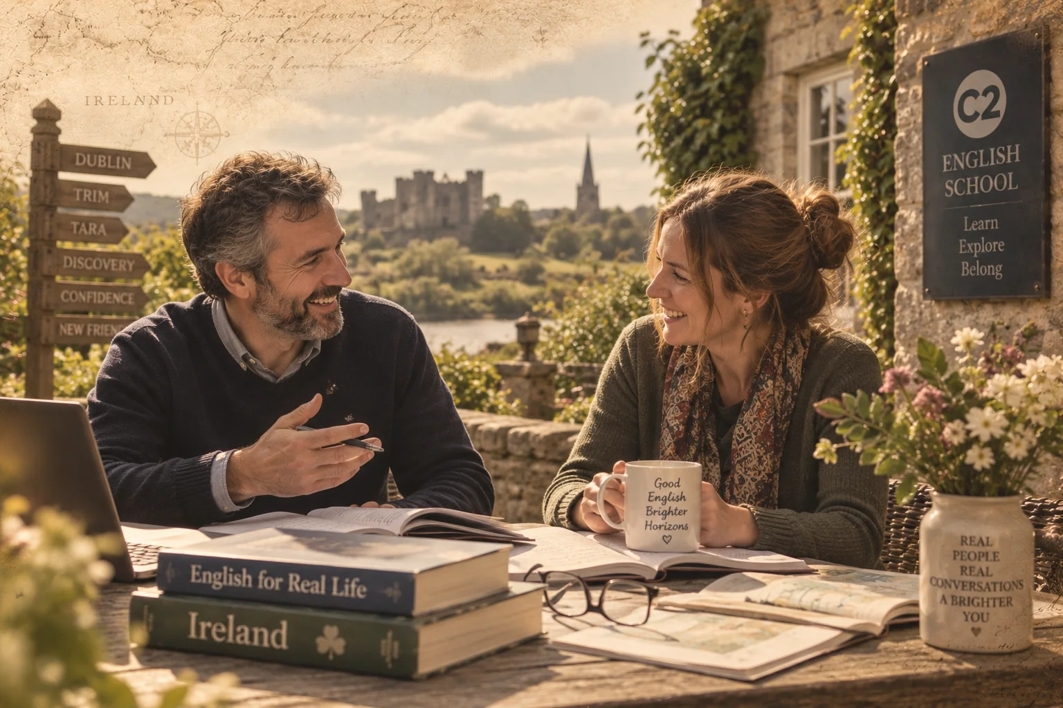 Adult English learners in conversation at an outdoor table in Ireland