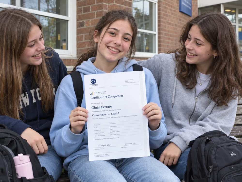 AI-generated illustration of a teenager with friends holding a sample C2 Masters Conversation certificate