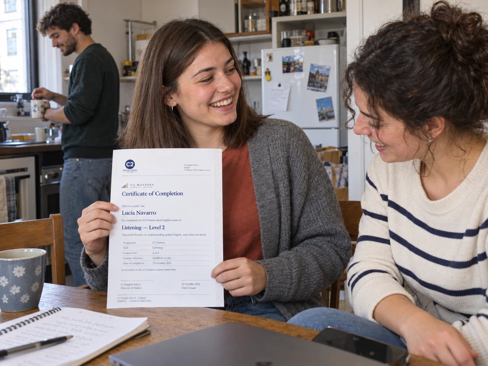 AI-generated illustration of a young adult with friends holding a sample C2 Masters Listening certificate