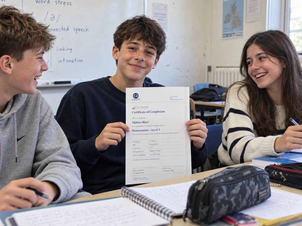 AI-generated illustration of a teenager with friends holding a sample C2 Masters Pronunciation certificate