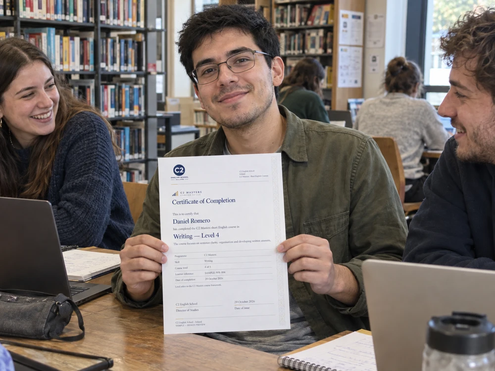 AI-generated illustration of a young adult with friends holding a sample C2 Masters Writing certificate
