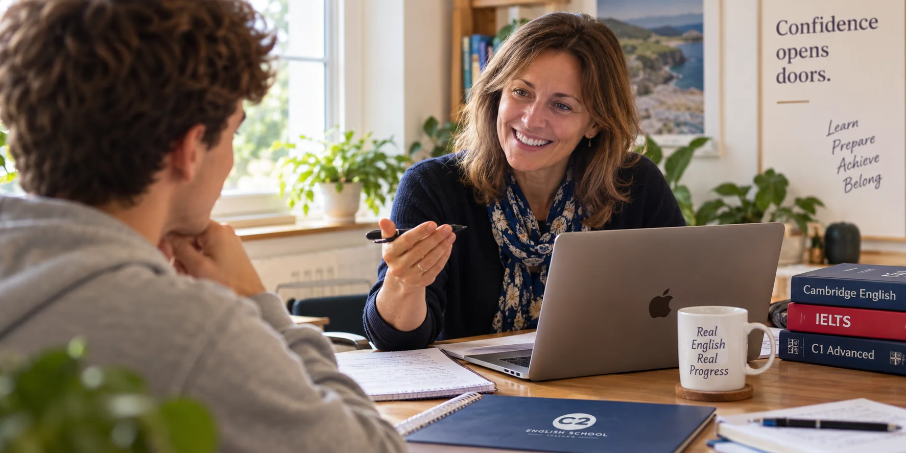Teacher and student discussing examination goals