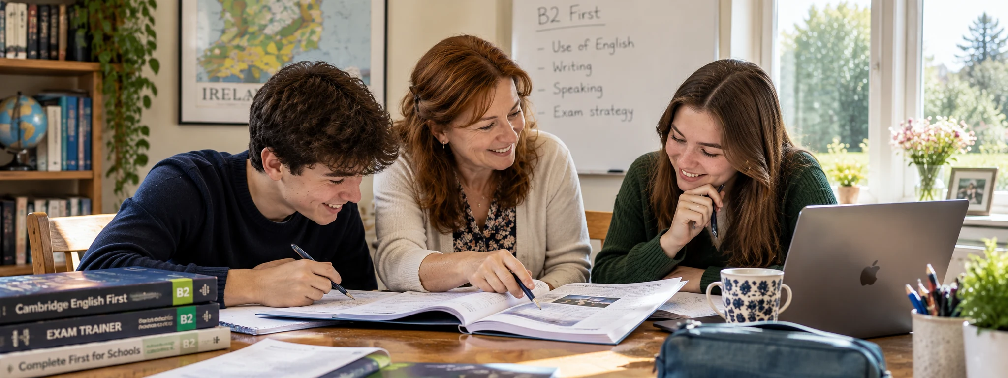Teacher supporting two students as they work through B2 First examination practice