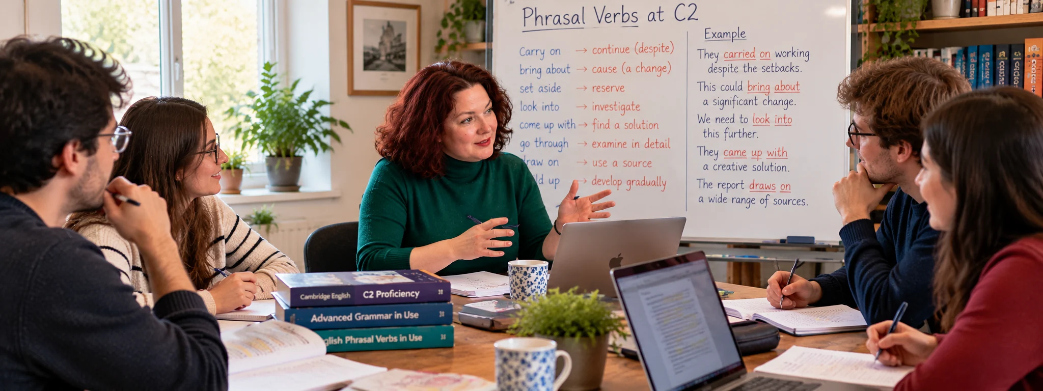 Maria leading an advanced English phrasal verbs workshop with adult learners