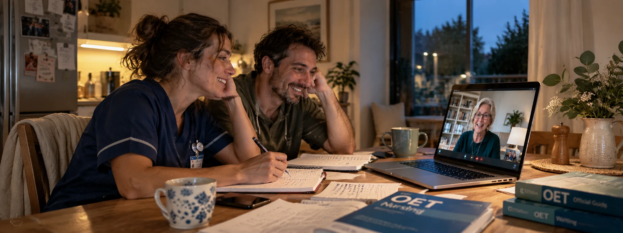 Two nurses studying online with a C2 teacher at home