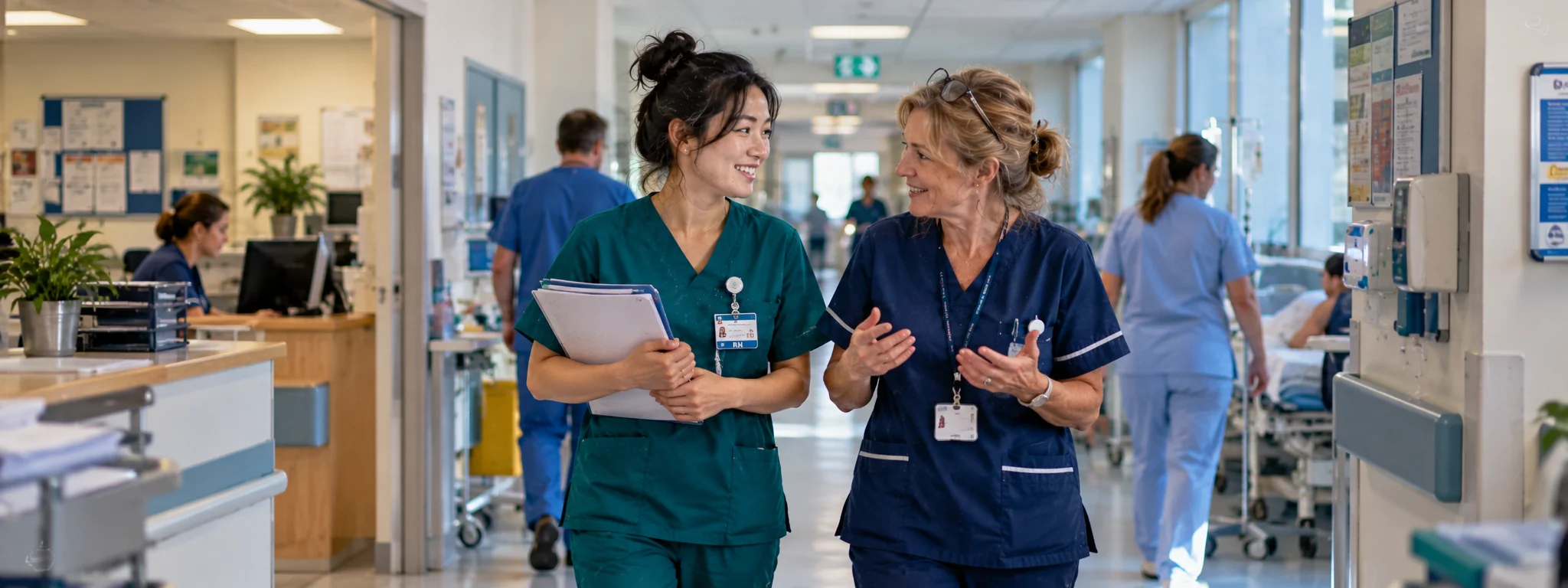 Two nurses talking together in a hospital corridor