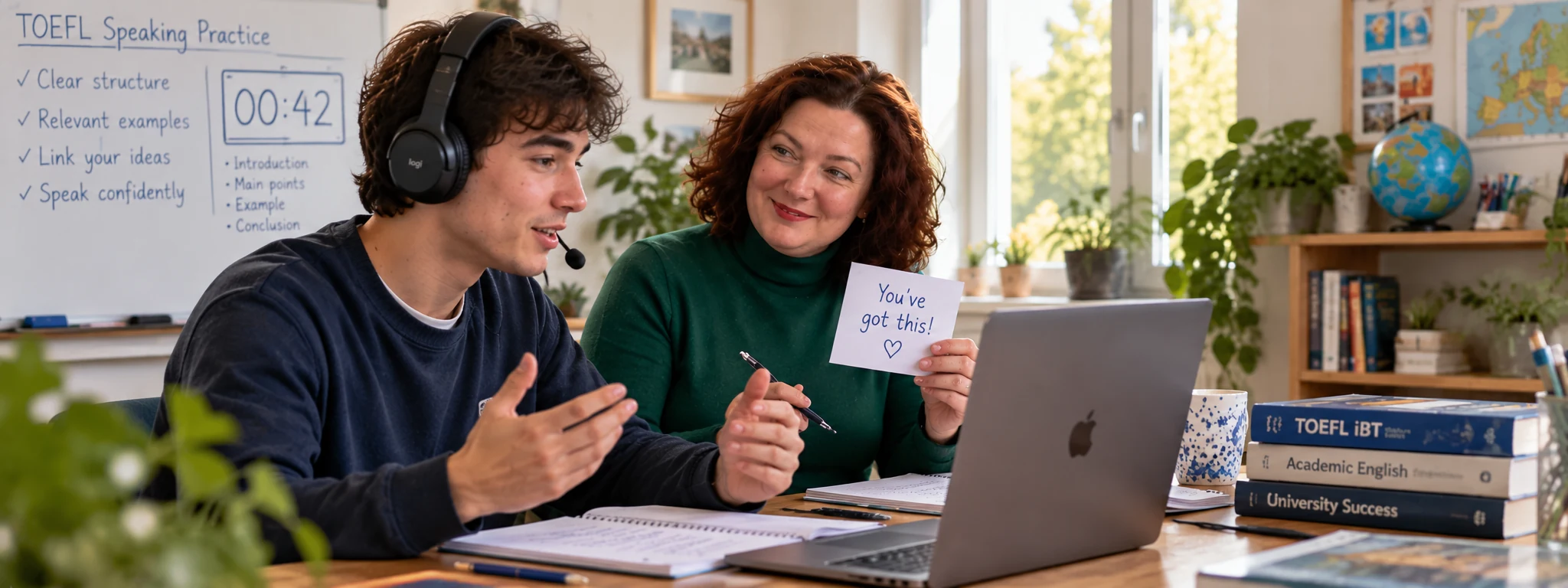 Illustrative TOEFL preparation scene: Your voice matters.