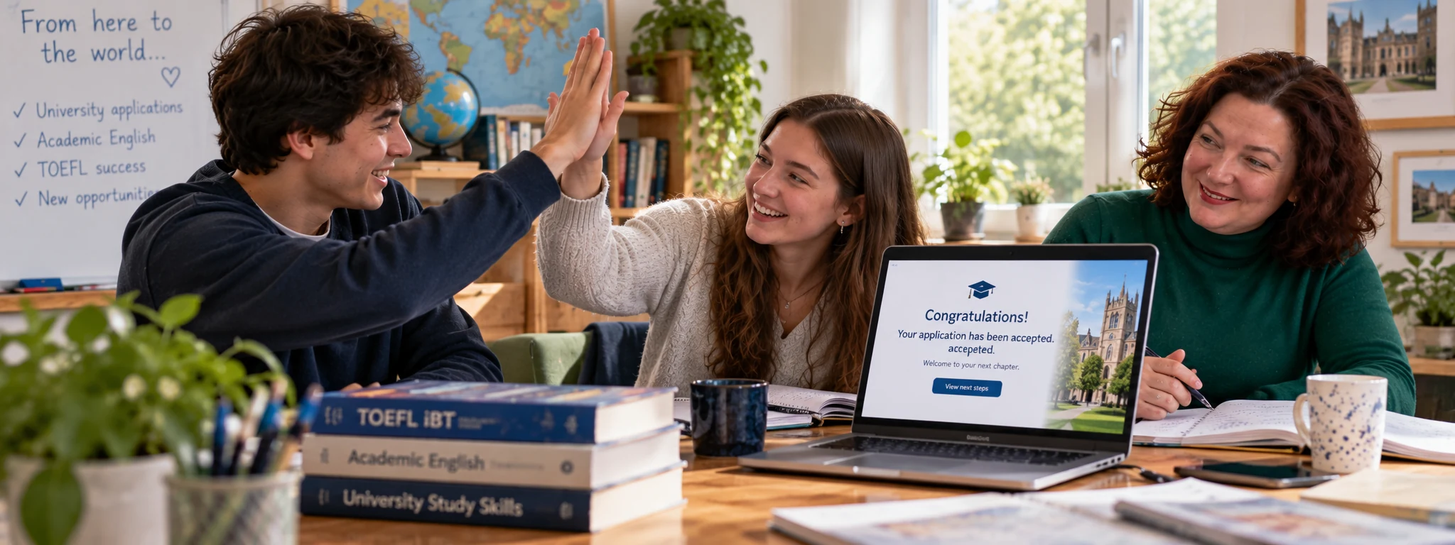 Illustrative TOEFL preparation scene: Your next chapter starts here.