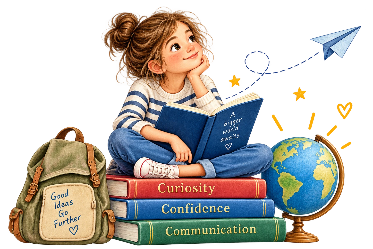 Illustration of a child reading on a stack of books beside a globe, imagining a world of possibilities