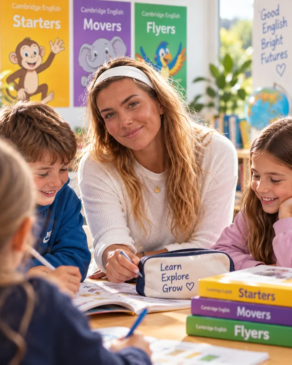 Leading teacher helping children learn English in person