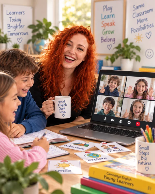 Supporting teacher enjoying an English lesson with children in person and online
