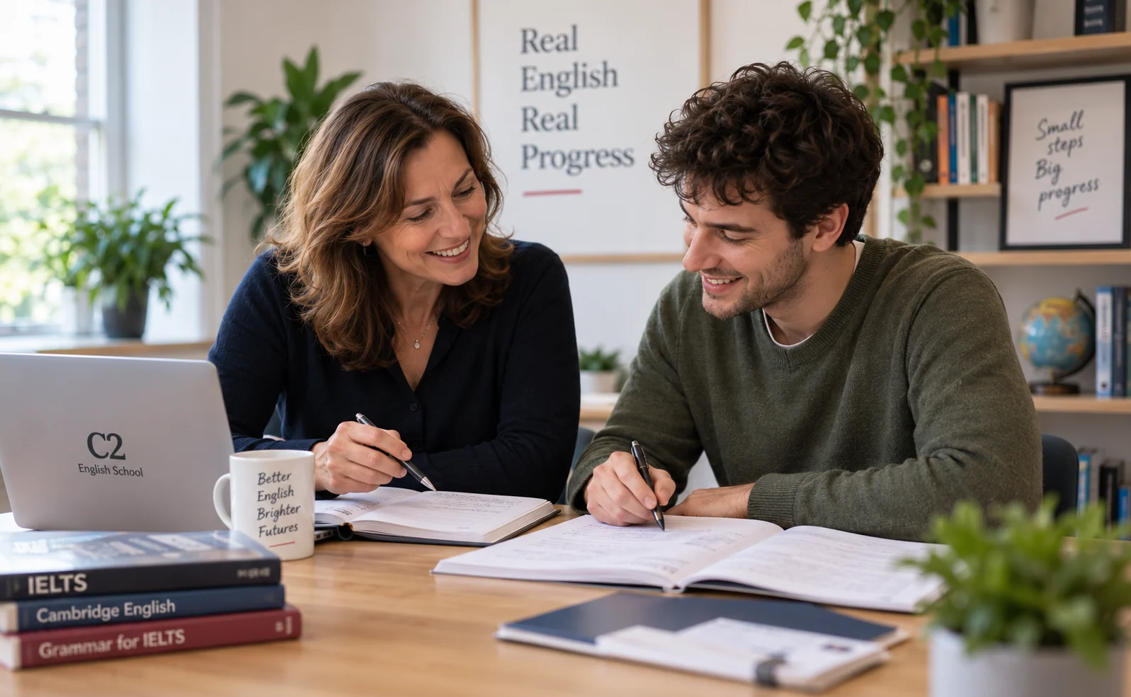 A teacher and adult learner discussing an English exercise together