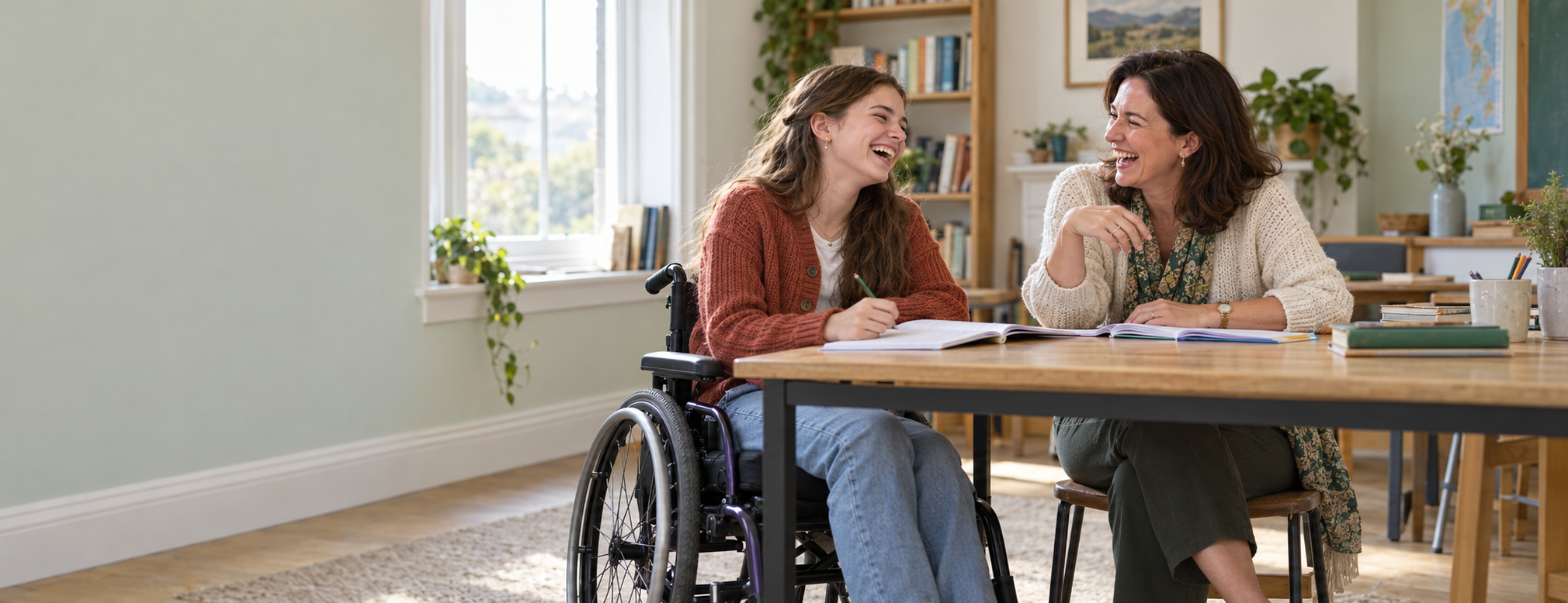 A teenage wheelchair user and her teacher laughing together during an English lesson