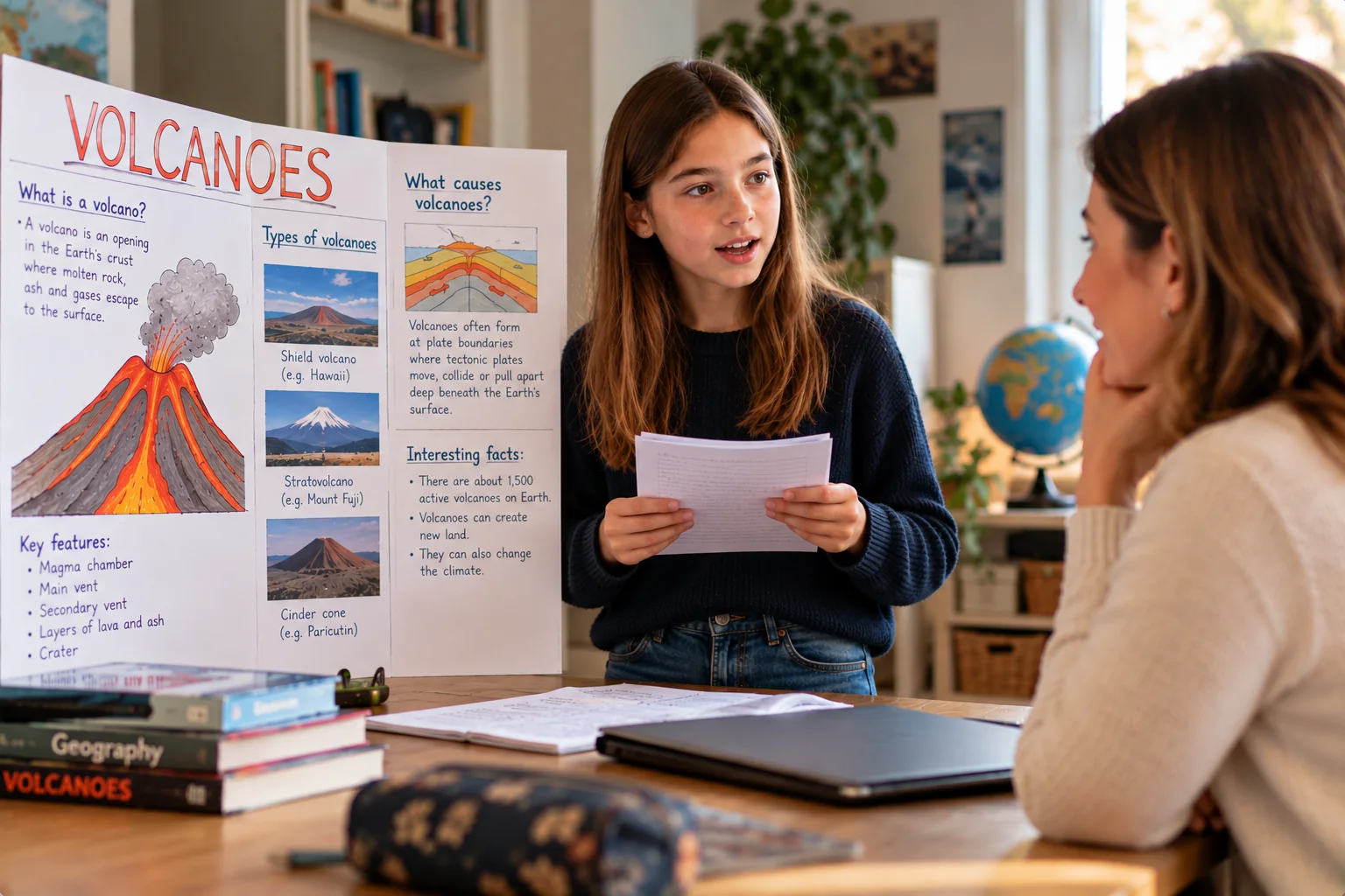 Student presenting a science project in English during an online lesson