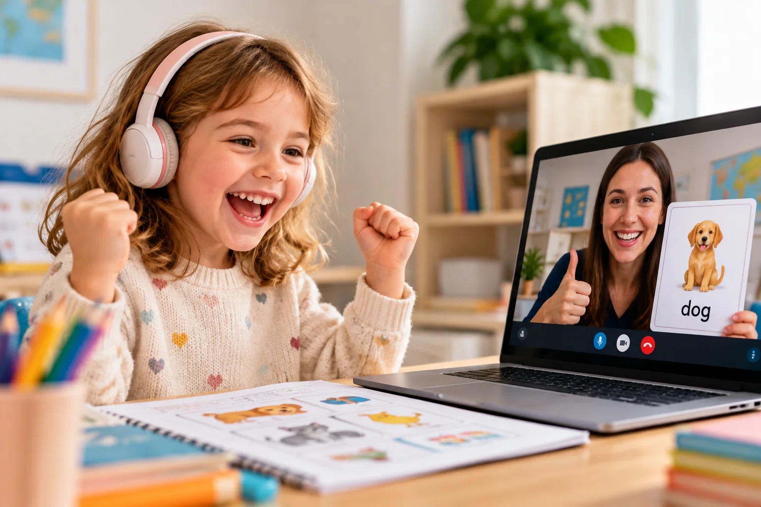 A younger child building English vocabulary and listening skills with a teacher