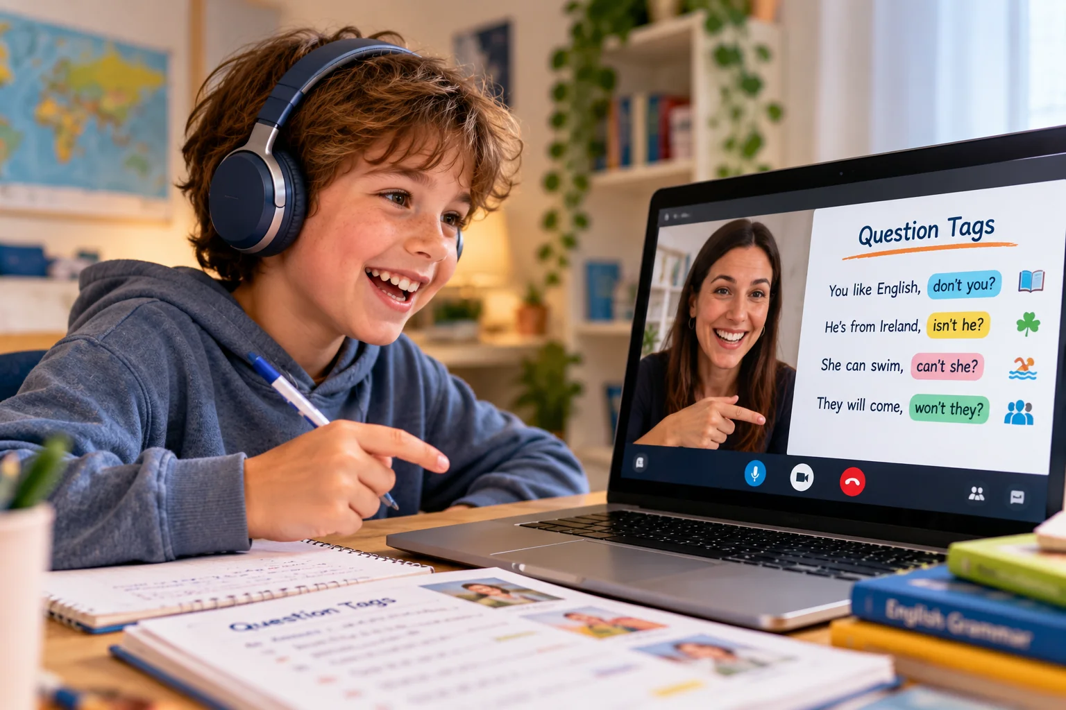 A child discussing an English story and developing conversation skills