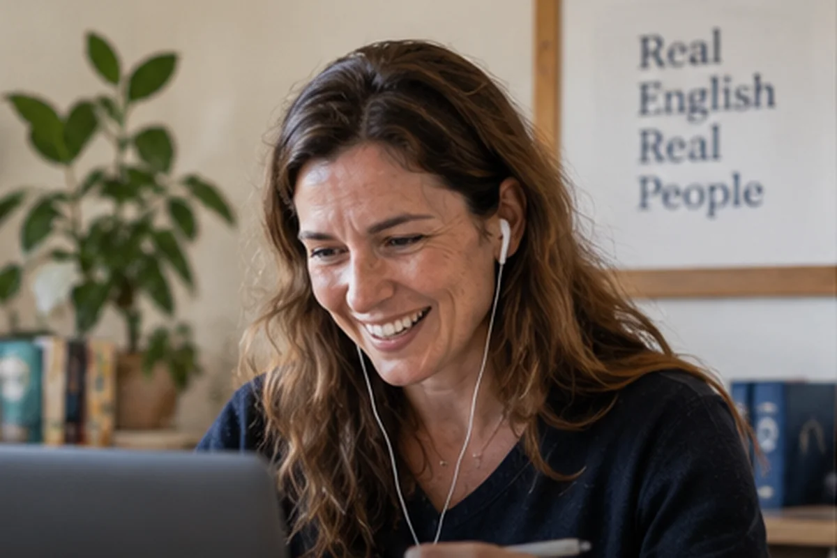 Online English teacher teaching from a warm home workspace
