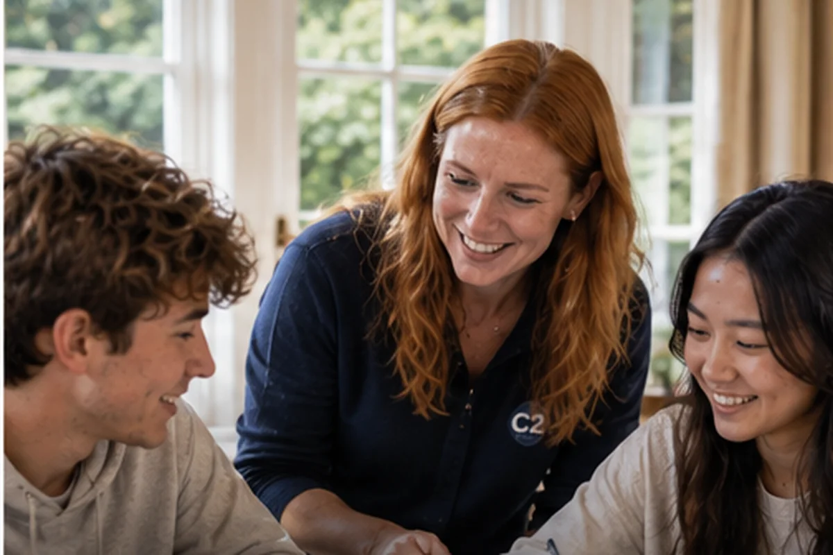 Residential tutor supporting international students in a small-group English session