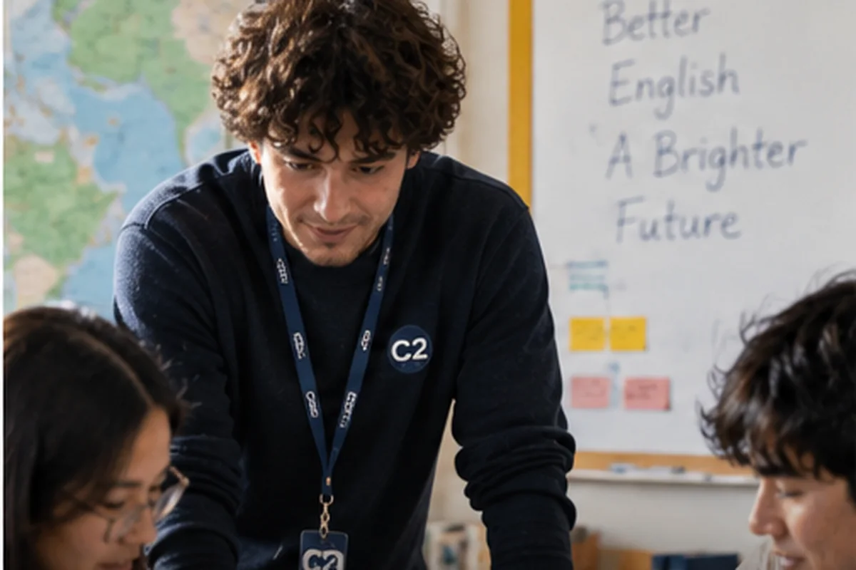 Trainee teacher gaining classroom experience with international English students